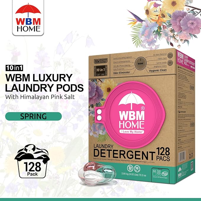 WBM Laundry Detergent Pods, Spring Fragrance Scent, 128 Count - HE Concentrated Laundry Pods With 10x Ultrapower Cleaning and 4D Laundry Stain Remover