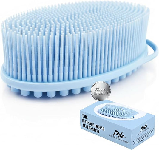 Silver Infused Silicone Body Scrubber Shower - Gentle Back Scrubber Soft Bristles - Avilana Premium Dual Sided Bath Brush Massage - Advanced Material Loofah Alternative - Gift Women Men