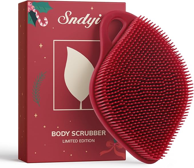 Sndyi Christmas Silicone Body Scrubber, Limited Edition Leaf-Shaped Shower Brush for Gentle Cleanse & Exfoliation, Soft Silicone Loofah Body Brush for Sensitive Skin, Perfect Holiday Gift, Festive Red