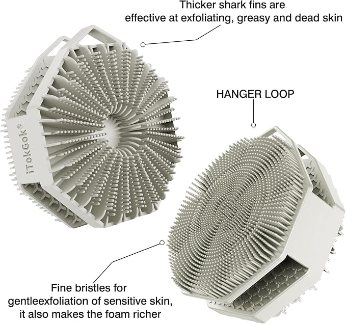 iTokGoK® Premium Silver-Infused 2-in-1 Silicone Body Scrubber, Double-Sided Design Body Brush Body Scrubber Exfoliating Body Brushes for Sensitive Skin for Showering, Silicone Loofah - Stone