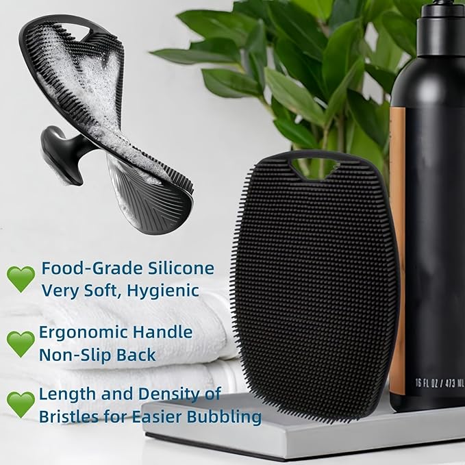 2 Pack Silicone Body Scrubber, Highly Elastic Bristles Handheld Brush for Shower, Lather Well and Gentle Exfoliating, Makes Skin Smooth, for Women and Men, Black and Gray