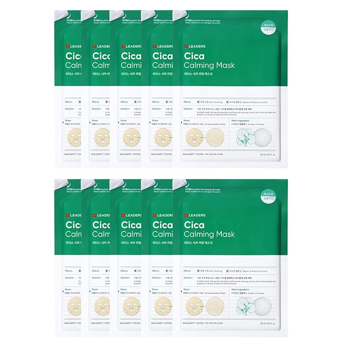 LEADERS Insolution Cica Calming Mask - Soothing Relief for Irritated & Sensitive Skin | Helps Reduces & Relieves Redness | Calming Care, Sebum & Moisture Control, Easy Peel Pouch - 10 Sheets