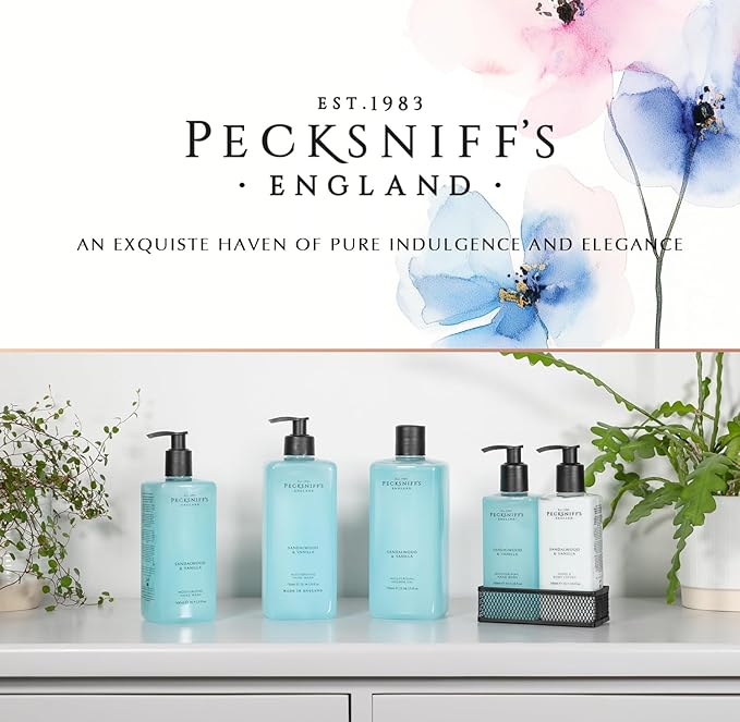 Pecksniff's Kitchen Soap Dispenser Set, Moisturizing Liquid Hand Soap Lotion Set for Kitchen Sink Bathroom Countertop with Black Metal Mesh Caddy, 10.14 Fl oz (Sandalwood and Vanilla)