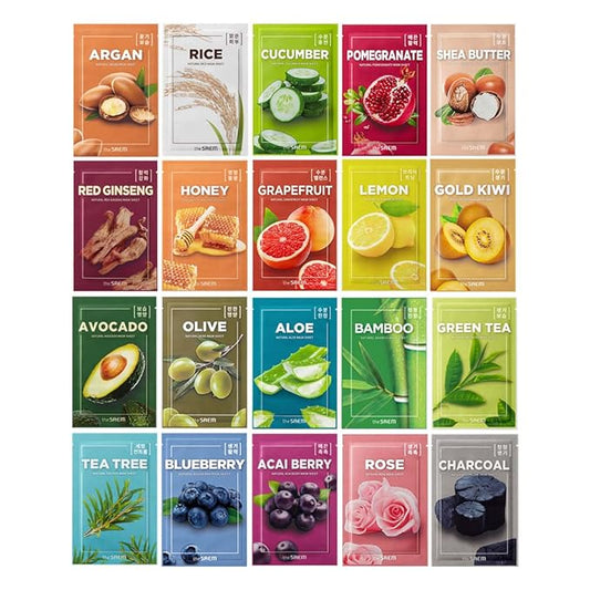 THESAEM Natural Sheet Mask Pack Set 20 Sheets - Korean Face Mask Variety Pack - Moisturizing, Revitalizing, Soothing, Elasticity - Vegan Sheet Essence Masks for All Skin Types