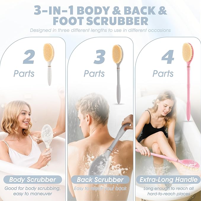 New Foot Brush & Back Scrubber Set 2PCS, 10.2''- 27.5'' Adjustable Foot Scrubber for Shower, 18.9'' Shower Back Scrubber with 3-Length Usage, Great Aid for People with Limited Mobility(White)