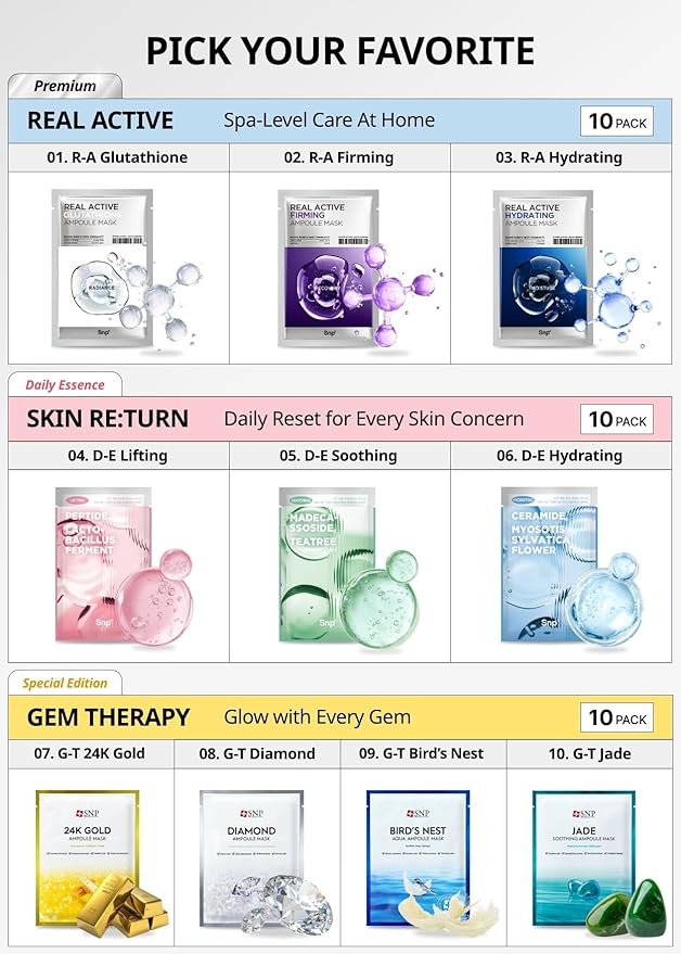 SNP Real Active Firming Ampoule Sheet Mask | Revitalizing and Strengthening for All Skin Types | Vegan Sheet Masks with 7 Collagen and Peptides | Collagen Face Masks Skincare | 10 Sheets