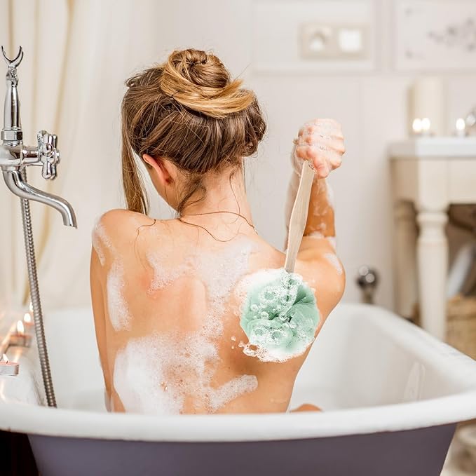 8 Pack Large Bath Puff Loofah Sponge with Long Handle Shower Loofah, Bath Body Back Brush