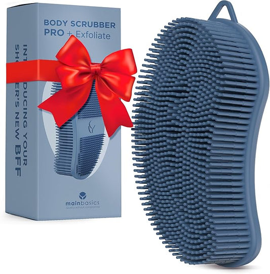 MainBasics Silicone Body Scrubber – Dual-Sided Shower Exfoliator for Men & Women, Gentle Silicone Loofah Alternative for Deep Clean (Dark Blue, Exfoliate)
