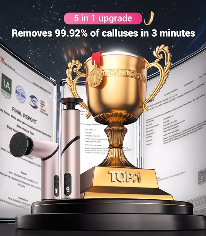 5-in-1 Professional Electric Callus Remover for Feet(Portable & Foldable), Removes 99.92% of Calluses in 3 Mins, Eectric Foot Callus Remover Pedicure Kits with 10 & 40 Grit Pads for Smooth Feet, Pink