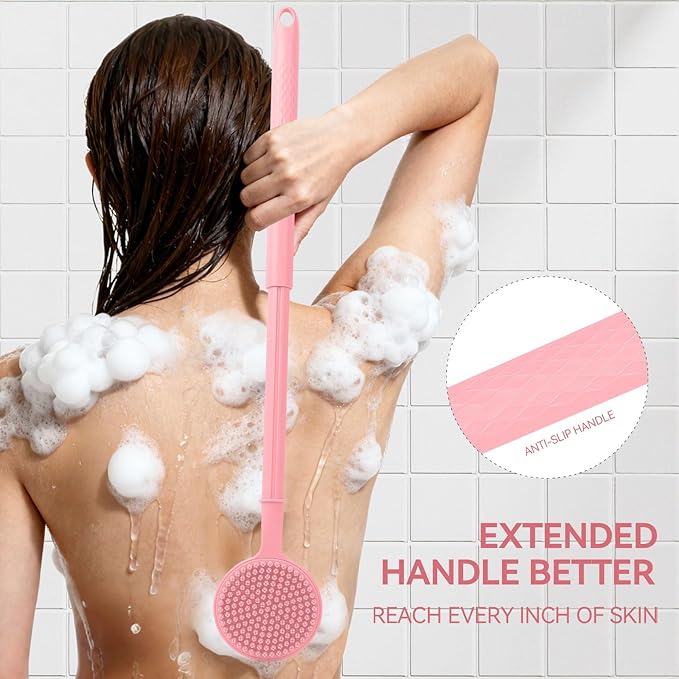 Back Scrubber for Shower, (16-24 Inch) Extendable Bath Brush Long Handle for Shower, Silicone Body Scrubber with Handle, Back Brush for Shower Men and Women,Easy to Clean (Pink)