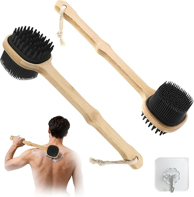 Silicone Back Scrubber for Shower, 2PCS Silicone Bath Body Brush Loofah with Long Handle, Dual-Sided Shower Brush for Body, Black Exfoliating Body Scrubber for Men Women, Back Washer for Men with Hook