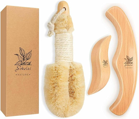 Dry Body Brush Set for Lymphatic Drainage, Natural Sisal Bristle Dry Brushing Body Brush, Wood Therapy Kit with Wooden Acupressure Massage Tools for Face and Body Gua Sha