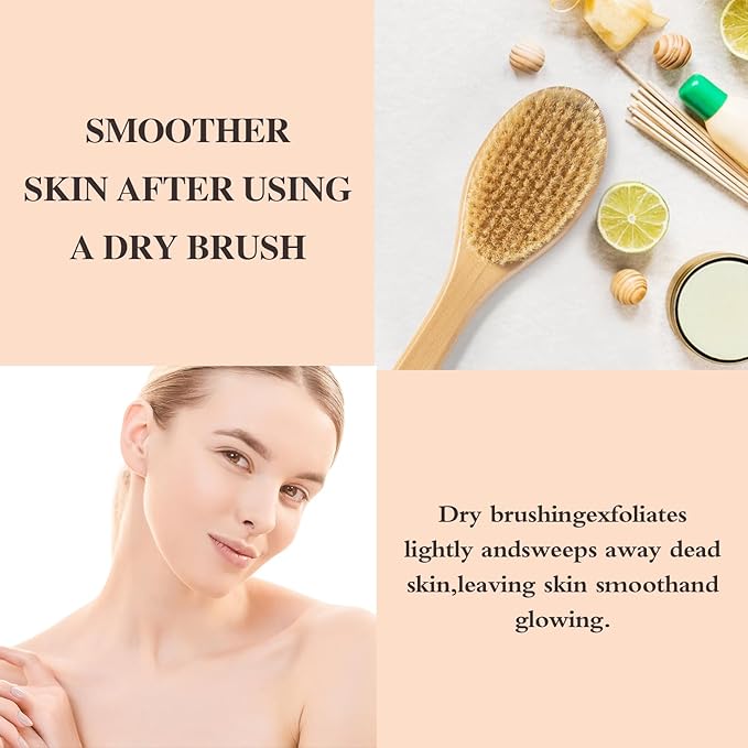 Bamboo Long Handle Back Scrubber Brush,Dry Body Scrubber for Dry Skin, Blood Circulation, Cellulite Treatment,Dry Brush Suitable for All Kinds of Skin with Soft and Stiff Bristles