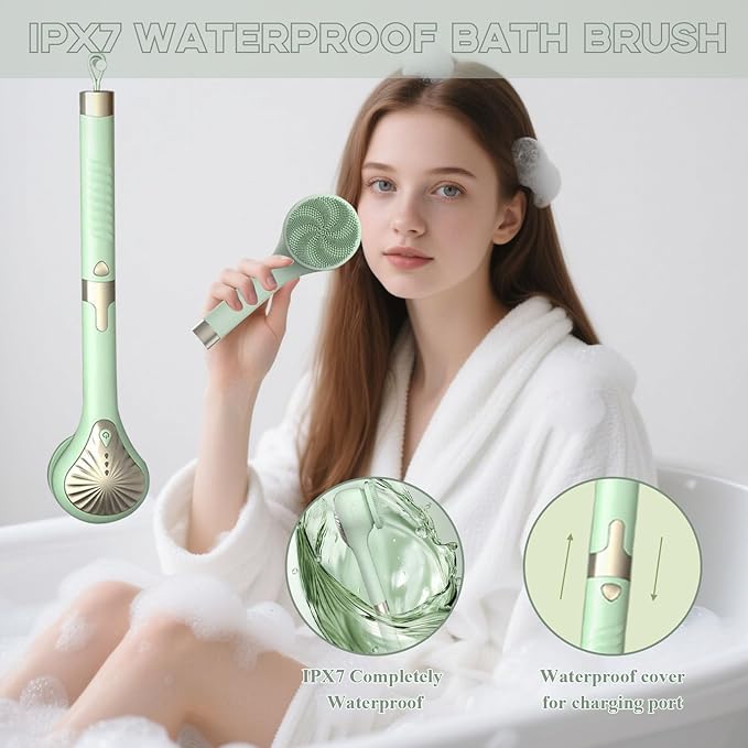 Electric Body Brush, 6in1 Back Scrubber for Shower with 3 Speed, IPX7 Waterproof Silicone Bath Scrubber, Rechargeable Electric Spin Scrubber, Cordless Bath Brush for Clean Exfoliate Massage (Green)