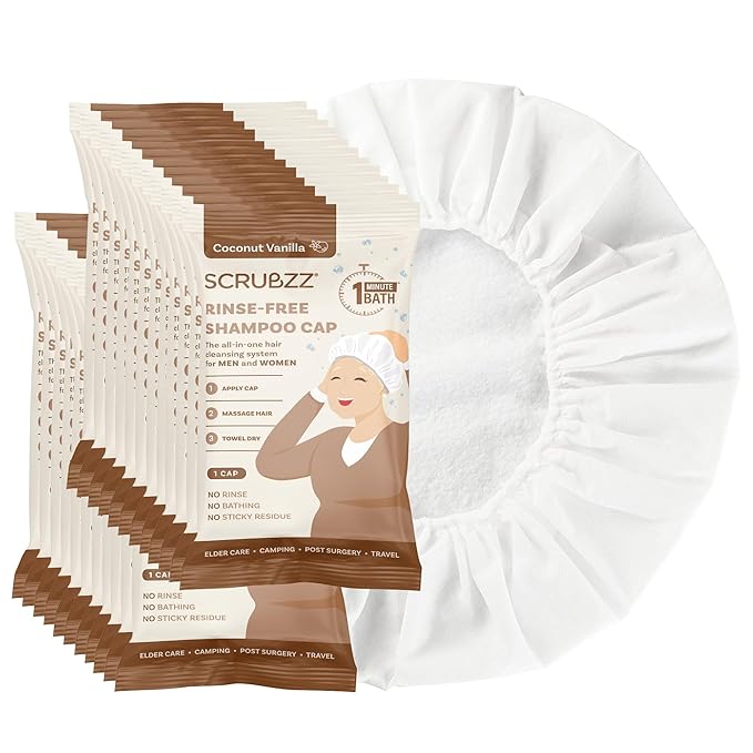 Scrubzz Shampoo Caps No Rinse for Elderly and Bedridden Patients, Rinse Free Shampoo Caps for Post Surgery and Hospital Stays, Waterless Hair Washing Shower Caps - Coconut Vanilla - 24 Pack