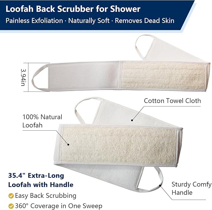 Loofah Back Scrubber for Shower Exfoliating Body Scrubber with Long Handle Natural Back Exfoliator and Washer for Deep Cleaning and Skin Renewal