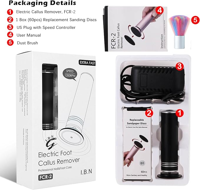 Upgraded Electric Callus Remover for Feet 1200RPM, Adjustable Speed Professional Electric Foot Sander Foot Grinder Heel File Pedicure Tool for Women Men Cracked Dead Skin, 60 Sandpaper Discs, Black