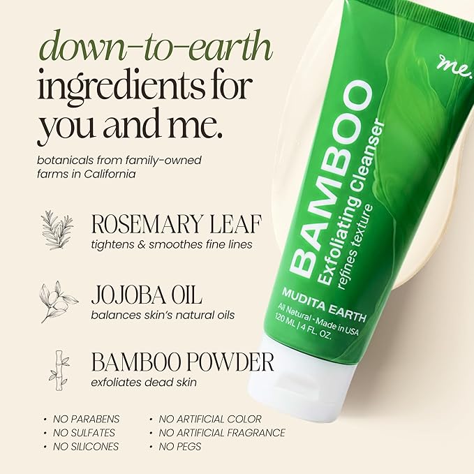 Mudita Earth Bamboo Microdermabrasion Facial Scrub – 4oz | Dermatologist-Tested Exfoliator Cleanser for Face & Body, Acne & Blackheads | Shea Butter & Lactic Acid - Vegan, Fragrance-Free, Sulfate-Free