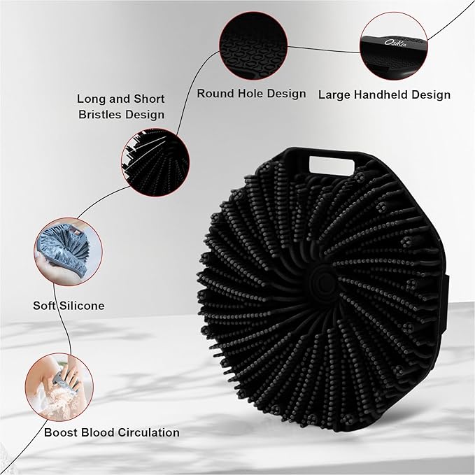 Silicone Body Scrubber Shower Brush, Exfoliating Body Wash Scrubbers for All Skin Types, Ergonomic No-Slip Handle, Exfoliation & Gentle Massage,Body Brush for Showering with Hanging Hole (Black)