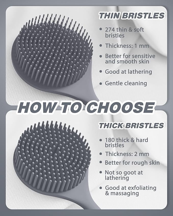 Manmihealth Silicone Back Scrubber(Thin Bristles) & Soft Bath Glove Set, Super-Cleaning Body Scrubber & Super-Lathering Shower Brush Combination, with a Free Hook. (Gray)