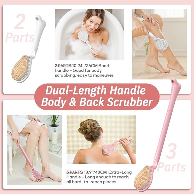 Back Scrubber for Shower, 19’’ Detachable Long Handle Shower Body Scrubber for Wet or Dry Brush, Adjustable 2-in-1 Back & Body Brush with Medium Soft Bristles for Deep Cleaning(White)