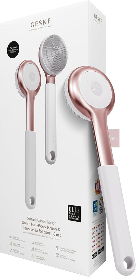 GESKE Sonic Full-Body Brush & Intensive Exfoliator | 8 in 1 | Electric Body Cleansing Brush | With SmartSonic Pulsations | Deep Cleansing, Exfoliation, Massage | Extendable Handle | Rough Skin Remover