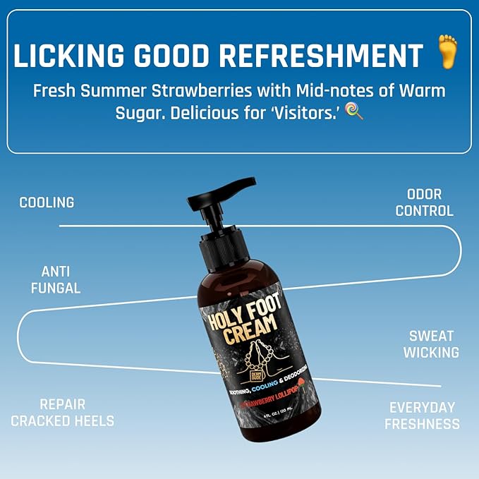 Derm Dude Holy Foot Cream for Dry Cracked Heels and Feet | Moisturizing Lotion Formulated w/All-Natural DeoPlex for Odor Control & Arrowroot for Deep Hydration - Strawberry Lollipop Scent 4oz (1pack)