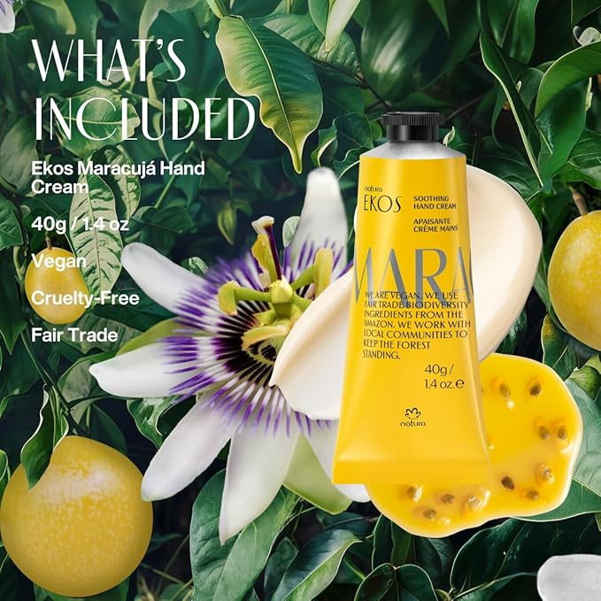 Natura - Ekos Passion Fruit Hand Cream - Calming Balm - Fast Absorption - 24-Hour Deep Hydration Skin Moisturizer - Vegan Skin Care - Brazilian Beauty Secrets - Self Care & Body Care - 1.41oz (40g)