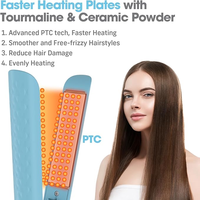 Quico Hair Straightener, 110-240V Global Travel Hair Straighteners for Women, 15s Fast Heating, Professional Negative Ion Flat Iron, Temp Memory, 320℉-450℉, Auto-Off, with Glove and Clips, Gift, Blue