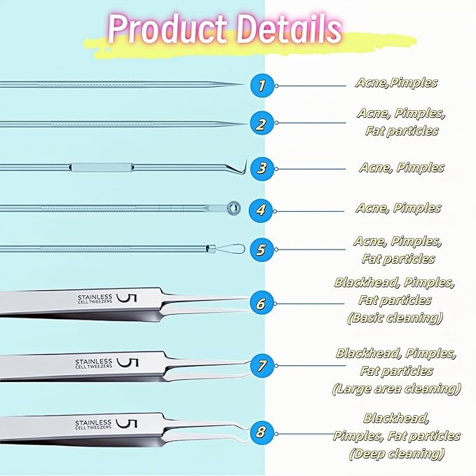 8-Piece Blackhead Remover Tool Kit - Professional Pimple Popper Extractor Set for Acne, Comedones, Whiteheads & Blemishes - Stainless Steel with Metal Case