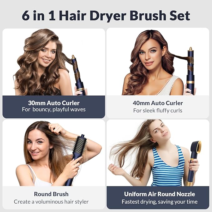 6 in 1 Professional Hot Air Styler, Hair Dryer Brush Set for Curling, Fast Drying, Smoothing, Volumizing, Multi Hair Styling Tools with Travel Case - No Heat Damage - Suitable for All Hair Styler