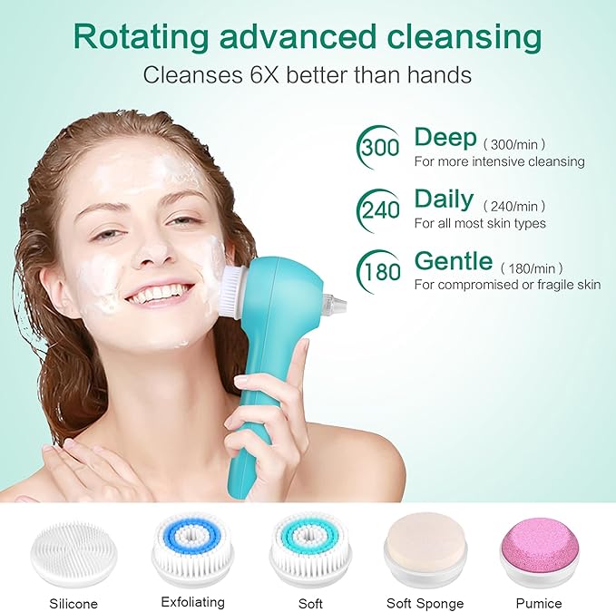 Face Scrubber Exfoliator,Facial Cleansing Brush Waterproof with LCD Screen,Blackhead Remover Vacuum with 5 Brush Heads,Face Spin Brush for Exfoliating (Blue-Blue)