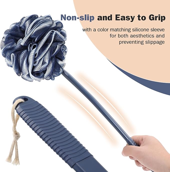 Loofah With Handle Back Scrubber for Shower, Non-Slip 17" Plastic Handle, Hand Shower & Loofah on a Stick Sponge Set, Deep Blue With White Edge