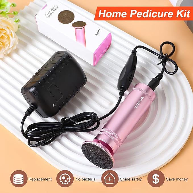 PowerPro Electric Foot Callus Remover 36W Professional 1200rpm Adjustable Speed Metal Feet Grinder Automatic Heel Sander with 60pcs Replacement Sandpaper Discs for Home Use (Pink)