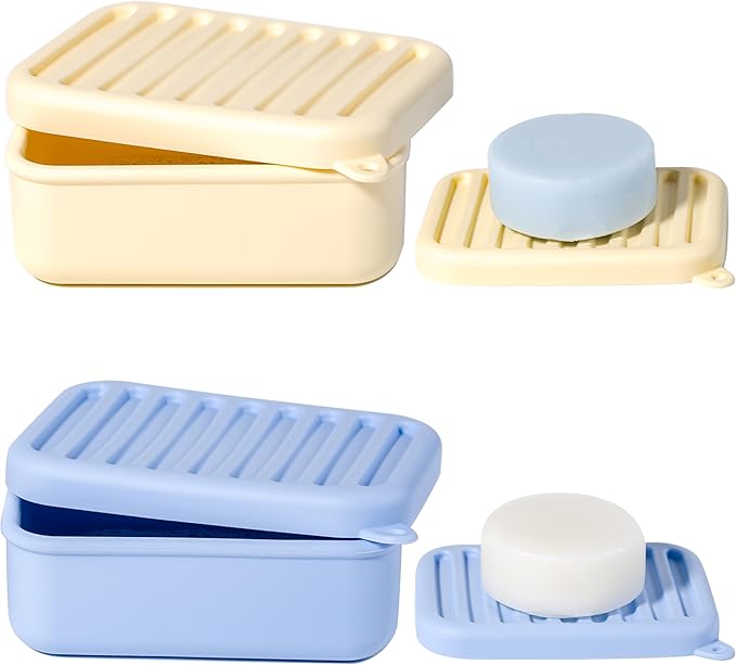 2PC Portable Leakproof Travel Soap Case, Silicone Travel Soap Case, Compact Soap Holder with Drainage Layer, Travel Soap Holder for Camping, Gym, Outdoor (Blue&Yellow)