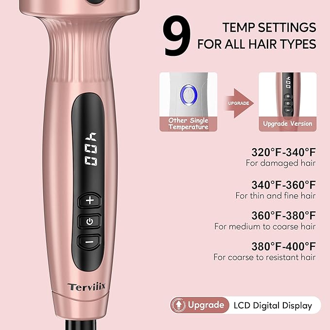 Terviiix 1.77 Inch Thermal Brush, Double MCH Ceramic Hot Brush Tourmaline Ionic 2 in 1 Heated Hair Curling Wand, Digital Display 9 Temperatures Curling Iron Dual Voltage for Long Hair