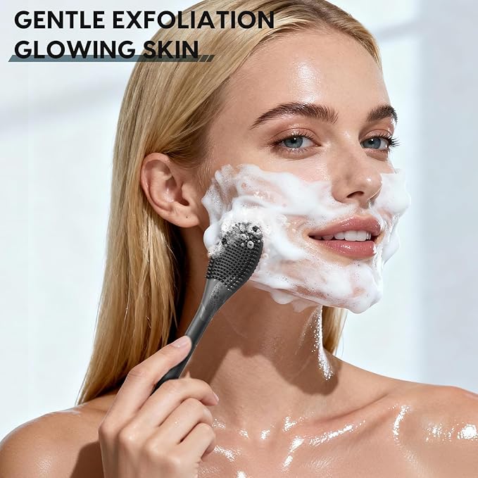 Silicone Facial Cleansing Brush - 2PC Double Ended Exfoliator for Deep Pore Cleaning, Blackhead Removal & Makeup Application - Soft, Hygienic & Waterproof Face Scrubber Massager（Black+Gray）