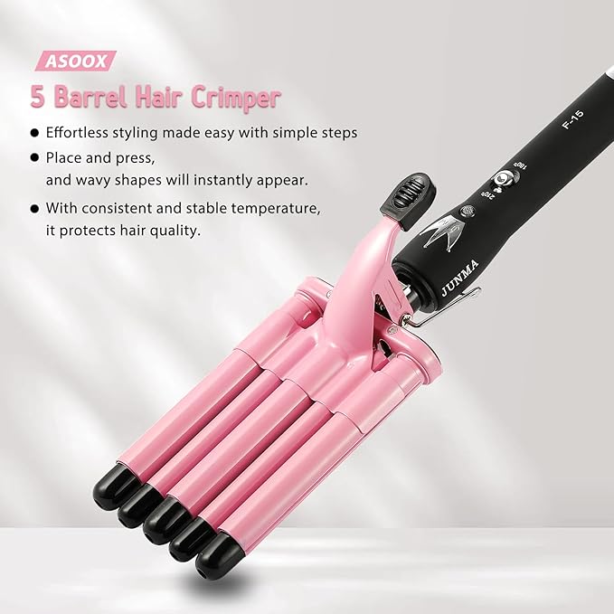 Hair Curling Iron 5 Barrel Hair Crimper 16mm Curling Wand Two-Gear Temperature Adjustable Ceramic Curler Curling Iron Waver with Heat Resistant Gloves