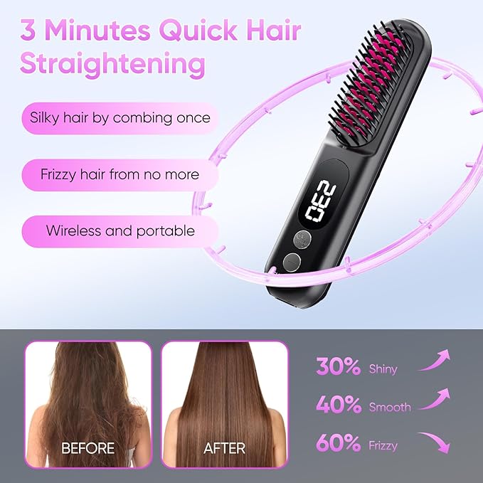 Straight Hair Comb,Wireless, LED Display, Multi Level Temperature Control Hair Straightener, Straightening Iron,Hot-Air Hair Brushes