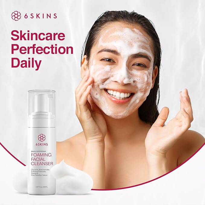 6SKINS® Pore Minimizer Foaming Facial Cleanser – Exfoliating Face Wash with Anti-Sebum P, Niacinamide & Evening Primrose | Gentle Hydrating Korean Face Wash for All Skin Types | 5.07 fl oz