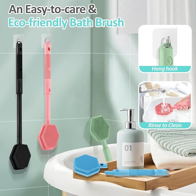 Silicone Back Scrubber for Shower, 16''-21''Extendable Shower Back Scrubber with Dual-Side Large Brush Head, 3-Length Back Brush Bath Brush with Strong Handle & Rich Foaming Bristles(Pink)