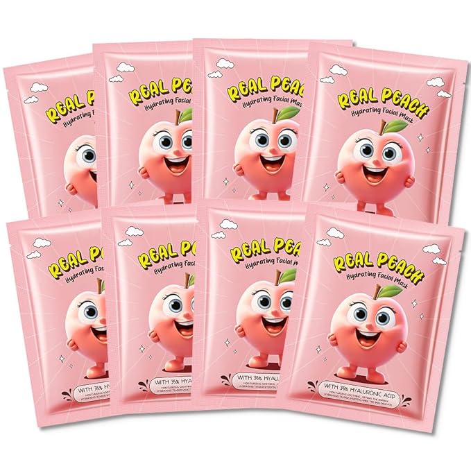 8 PCS Real Hydrating Nature Face Masks Skincare, Hyaluronic Acid, Vitamin C and E, Chamomile, Korean Beauty Essence Facial Paper Sheet Mask for Skin Care Moisturizing (Peach)