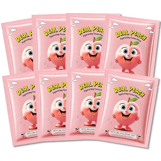 8 PCS Real Hydrating Nature Face Masks Skincare, Hyaluronic Acid, Vitamin C and E, Chamomile, Korean Beauty Essence Facial Paper Sheet Mask for Skin Care Moisturizing (Peach)