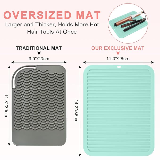 AMIJEAL Oversize Silicone Heat Resistant Mat for Hair Tools, Curling Iron Flat Iron Hair Straightener Holder Mat, Portable Hot Tools Cover Pad for Travel Vanity Salon(14.2" x 11.0")