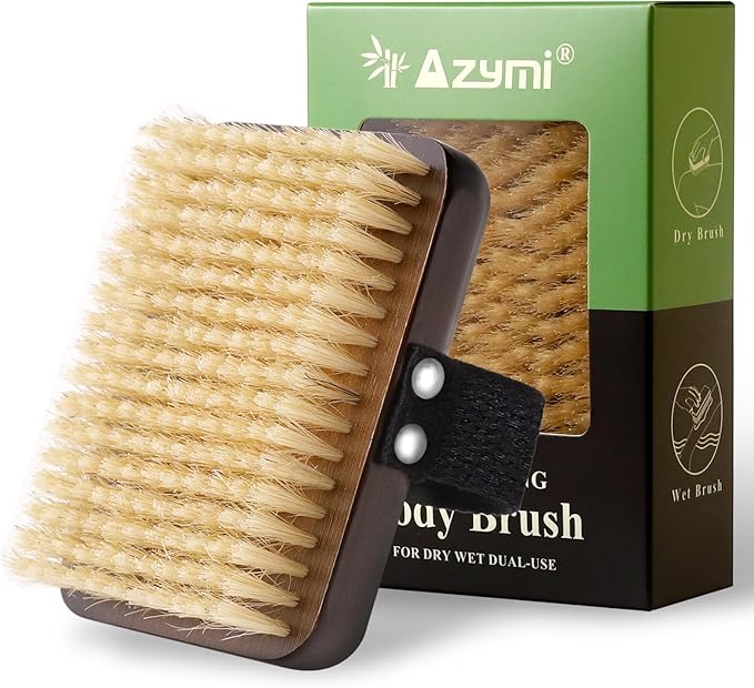 Dry Brushing Body Brush, Azymi Shower Brush for Body Natural Thick Bristles Exfoliates Dead Skin, Detoxifies, Improves Blood Circulation- Spa-Grade Dual Use Dry& Wet Brush 1-Pack