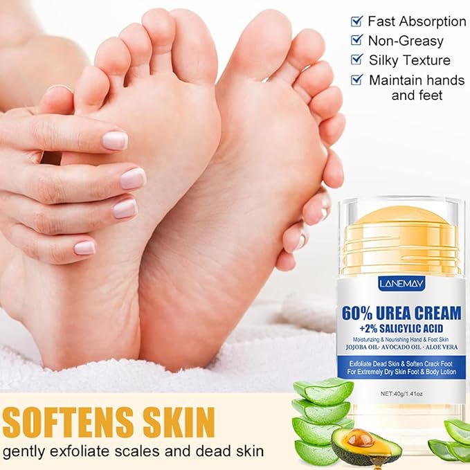 2Pcs 60% Urea Foot Cream Set, Hydrating Cracked Heel Stick Balm, Formulated with Pure Aloe Vera, Salicylic Acid, Avocado Oil, Repair Balm for Cracked Hands, Elbows, Knees, Feet & Heels