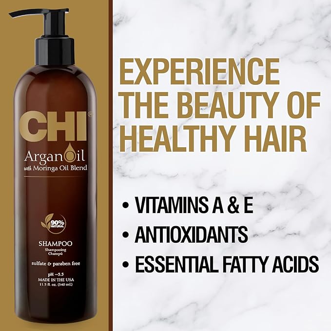 CHI Argan Oil Shampoo, Restores Moisture, Helps Rejuvenate Dry, Damaged Hair & Enhances Strength, Sulfate, Paraben, & Cruelty-Free, 11.5 Oz