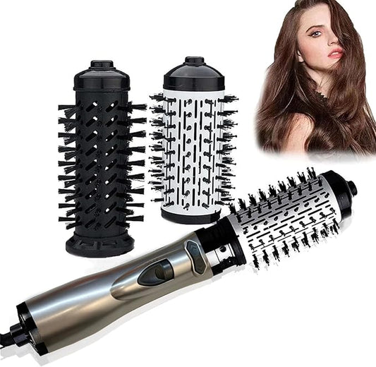 3-in-1 Hot Air Styler & Rotating Hair Dryer Brush with 2 Interchangeable Brushes | Anti-Frizz Ionic Technology for Straightening, Drying & Curling | 3 Heat Settings & 360° Rotation (Silver)