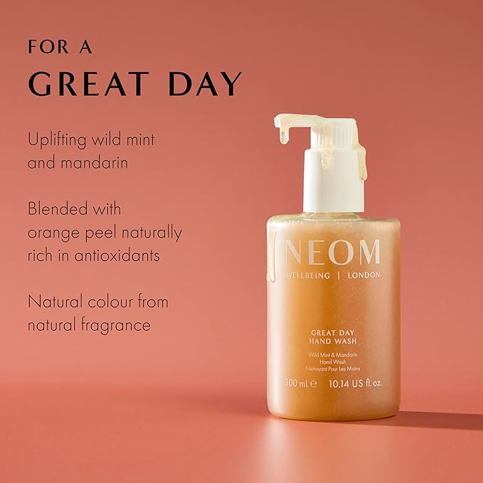 Neom Great Day Exfoliating Hand Wash, 300ml IWild mint and mandarin I Blended with orange peel to exfoliate I 100% Recyclable Bottle I Refillable