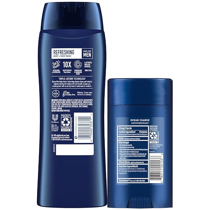 Suave Men’s Body Wash, Refresh + Invisible Solid Ocean Charge Antiperspirant Deodorant Stick, 48H Sweat & Odor Protection (2 Piece Set)